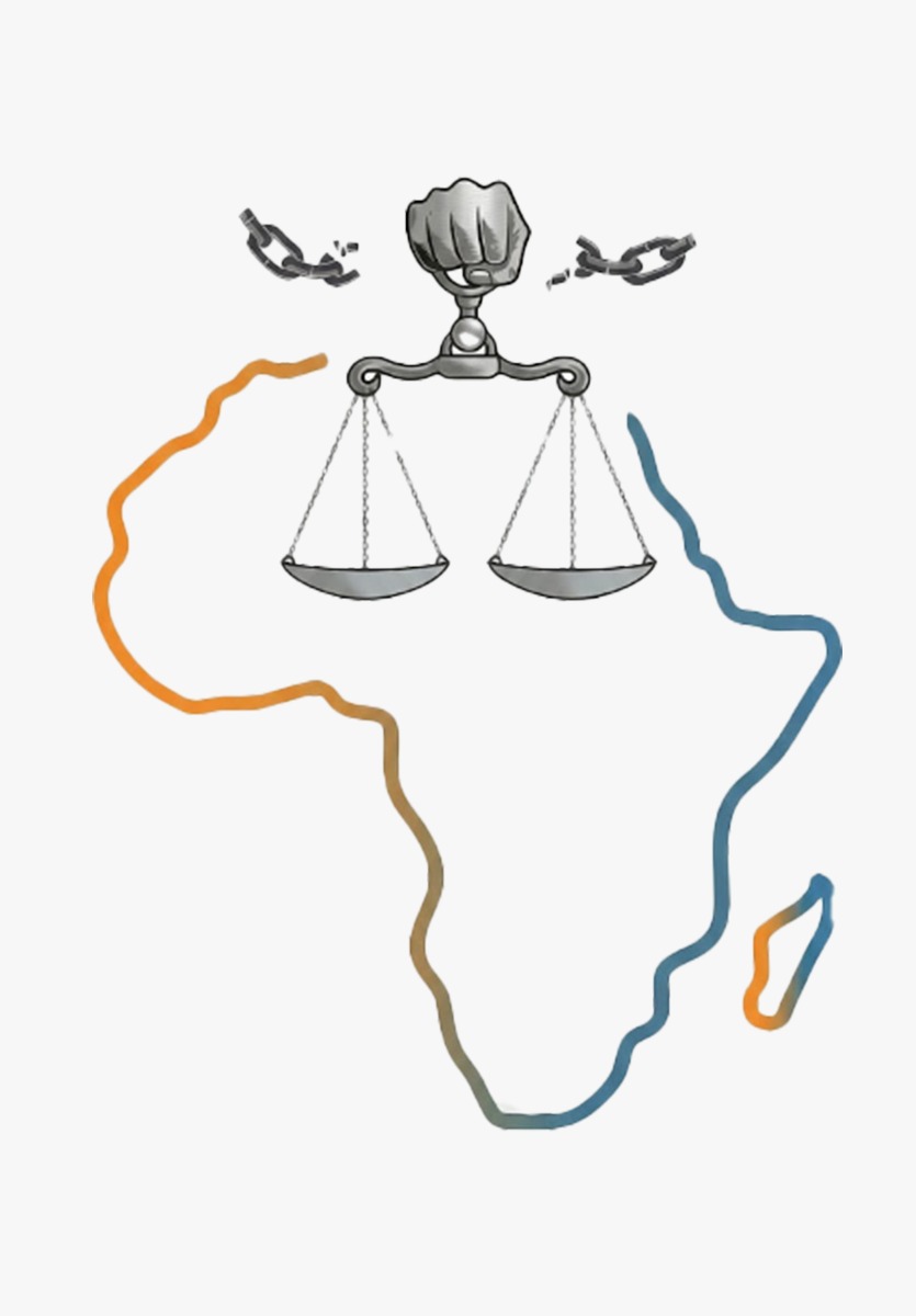 Ilustración del continente africano con la balanza de la justicia